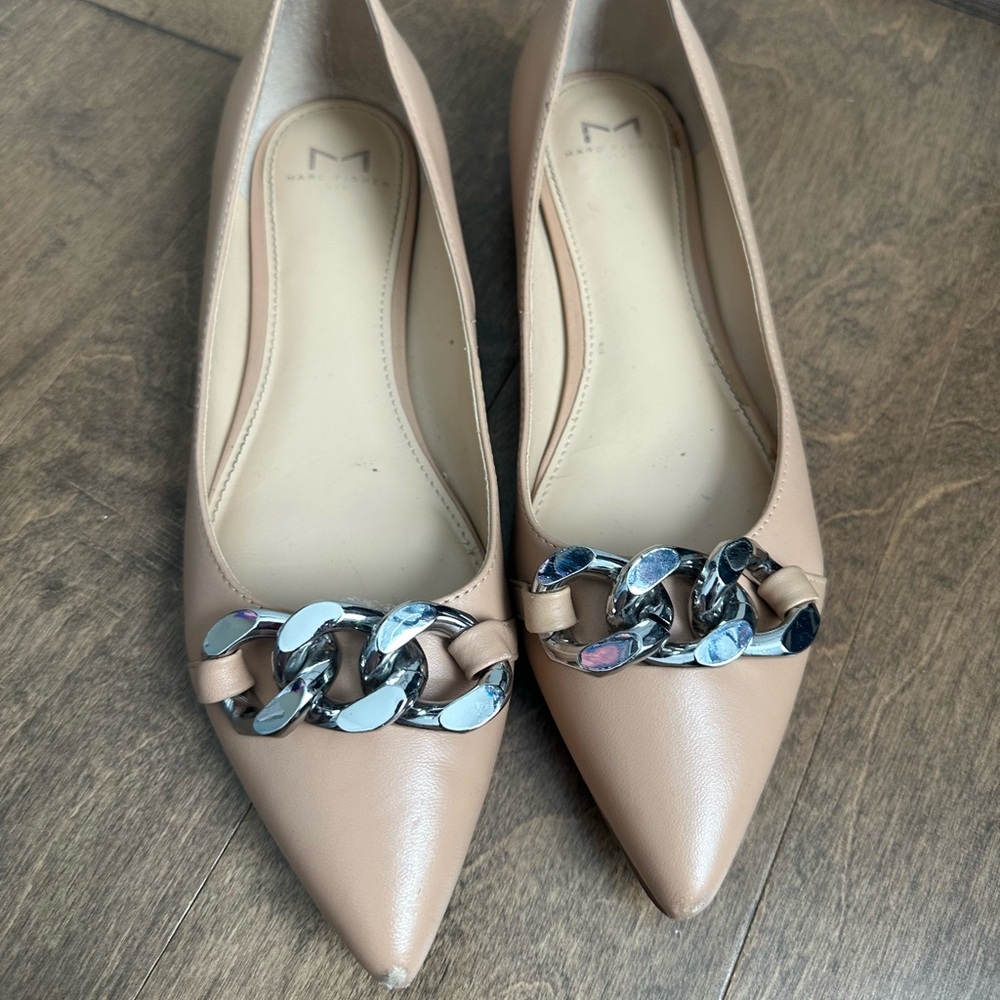 Beige Pointed Toe Flats with Silver Chain